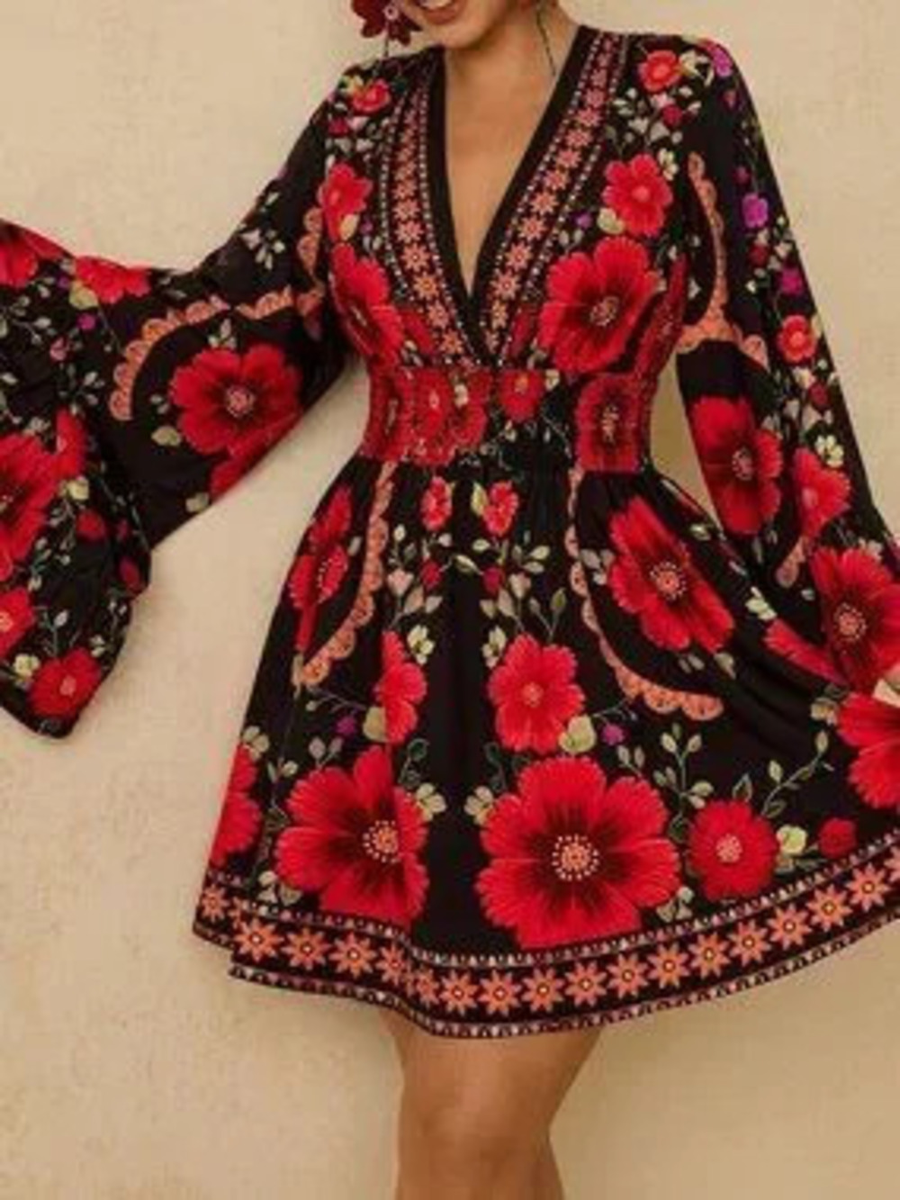 Black Boho Regular Fit Women's V-Neck High-Waist Flared Mini Dress